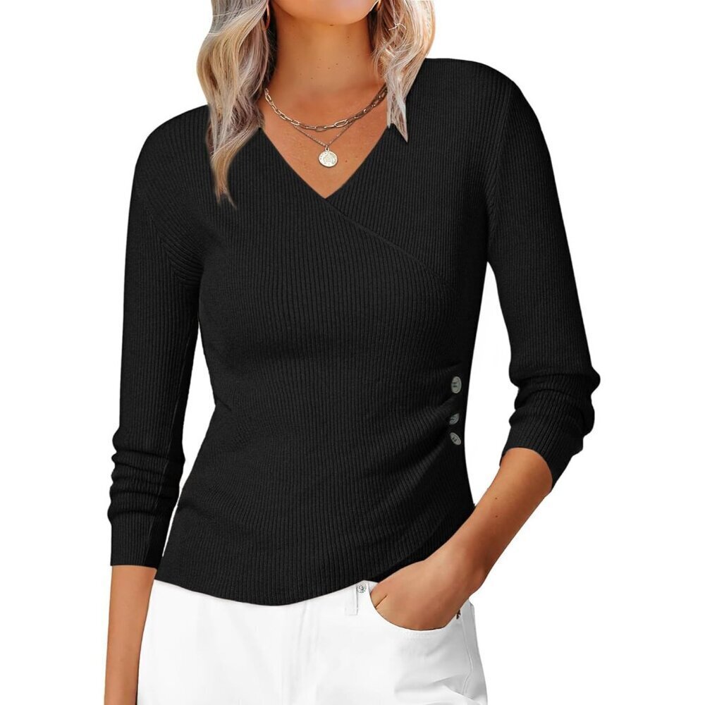 Women's V Neck Sweater Fitted Ruched Waist Knitted Wrap Top Small